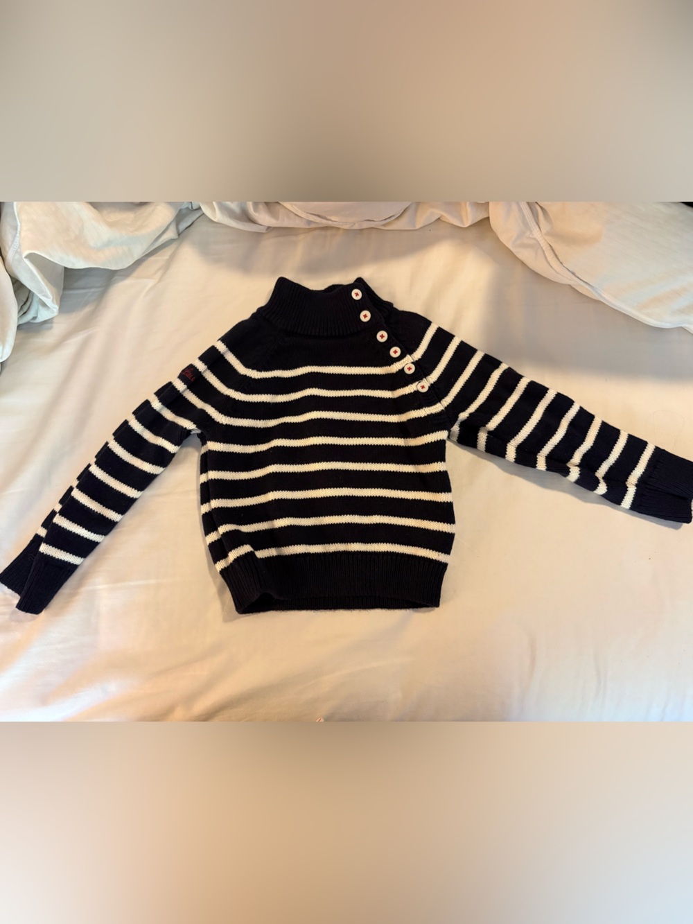 Polo by Ralph Lauren Navy and White Striped Turtleneck Sweater with Side Buttons